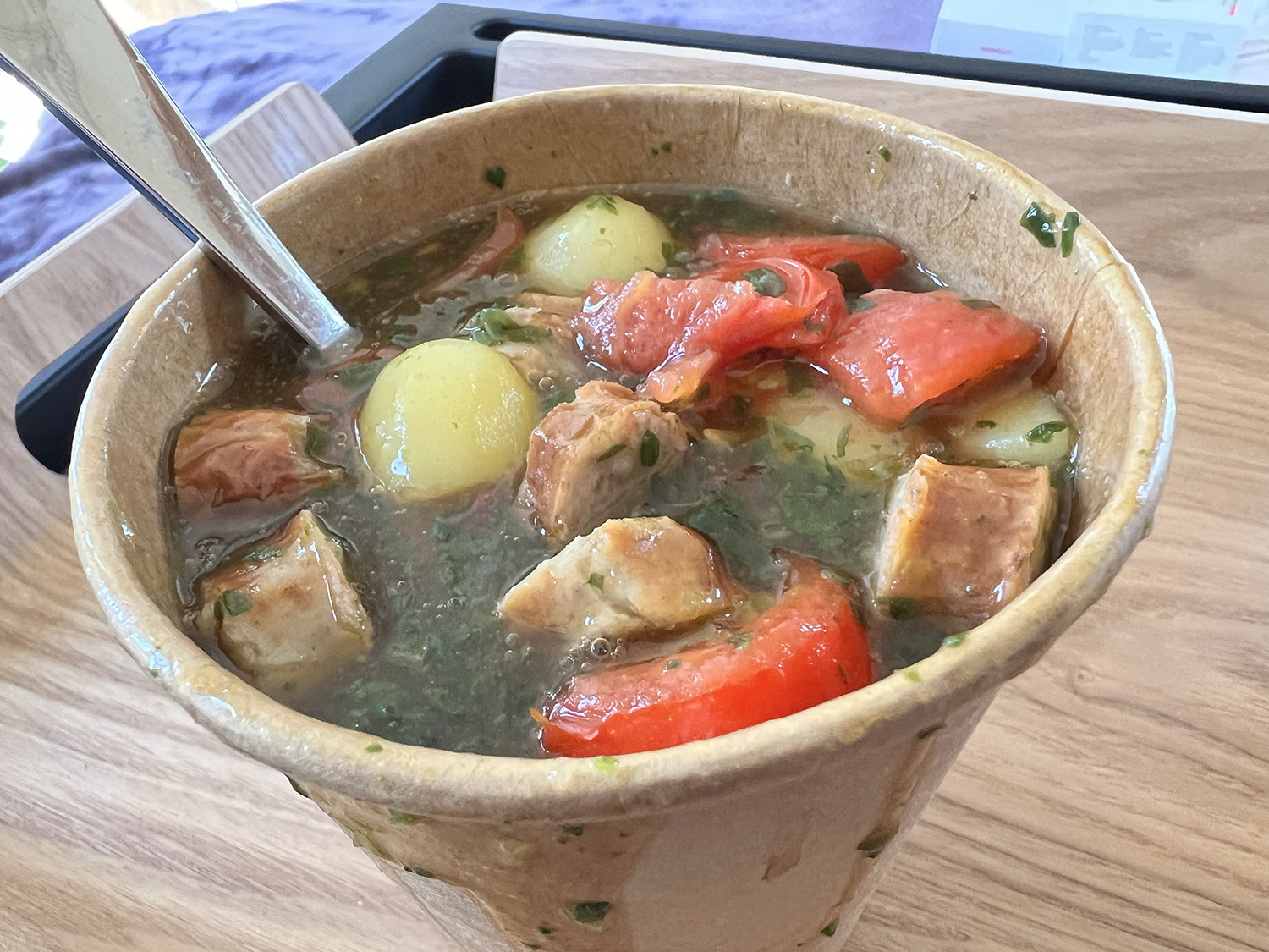 pot mess AKA stew with sausages, spinach and cherry tomatoes
